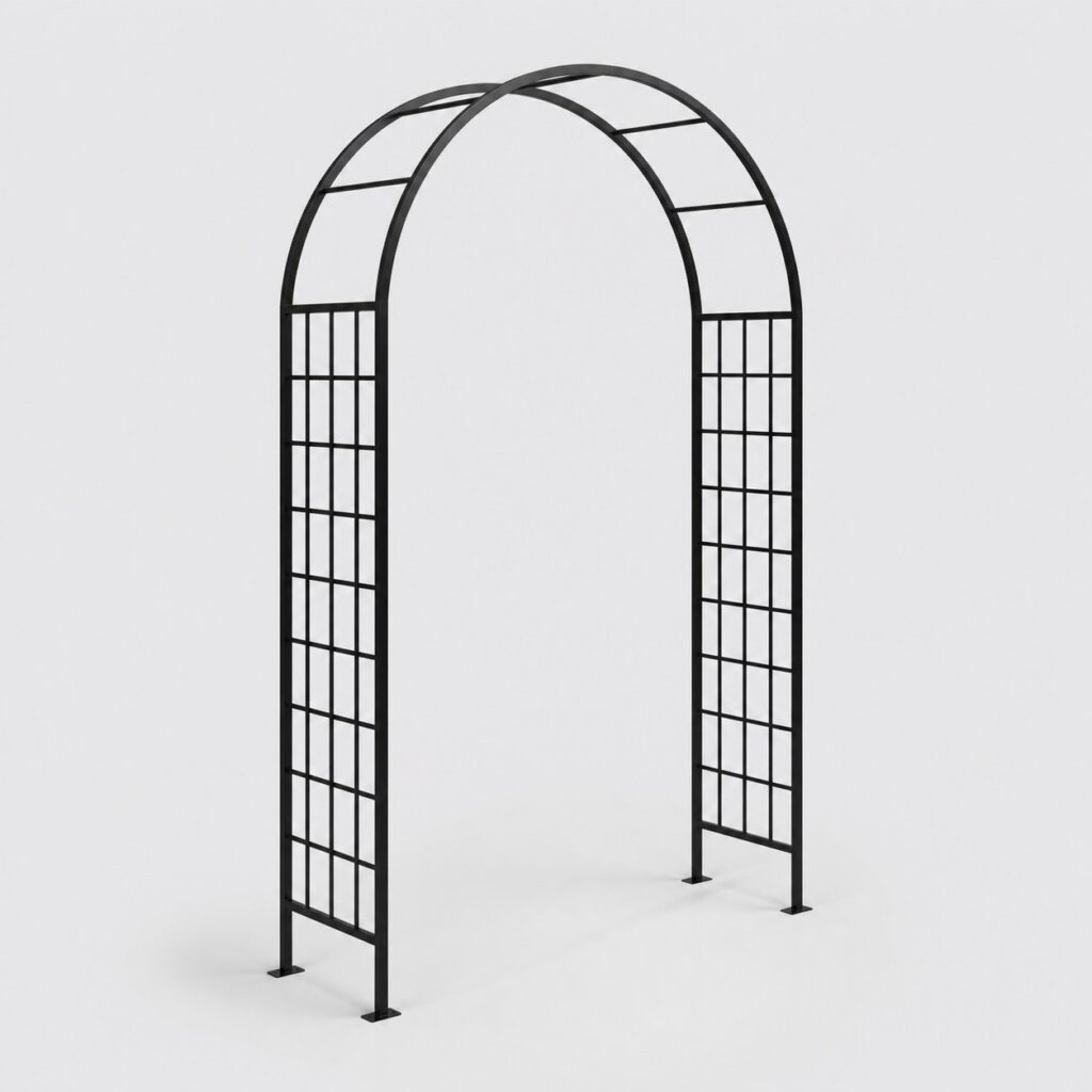 Arche de jardin en métal noir mat vue de trois quarts sur fond gris clair