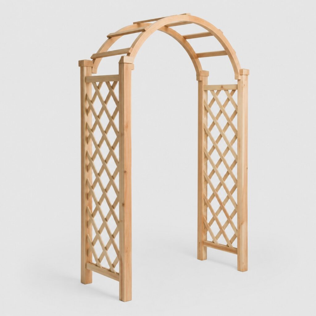 Arche de jardin en bois clair traité vue de trois quarts sur fond neutre
