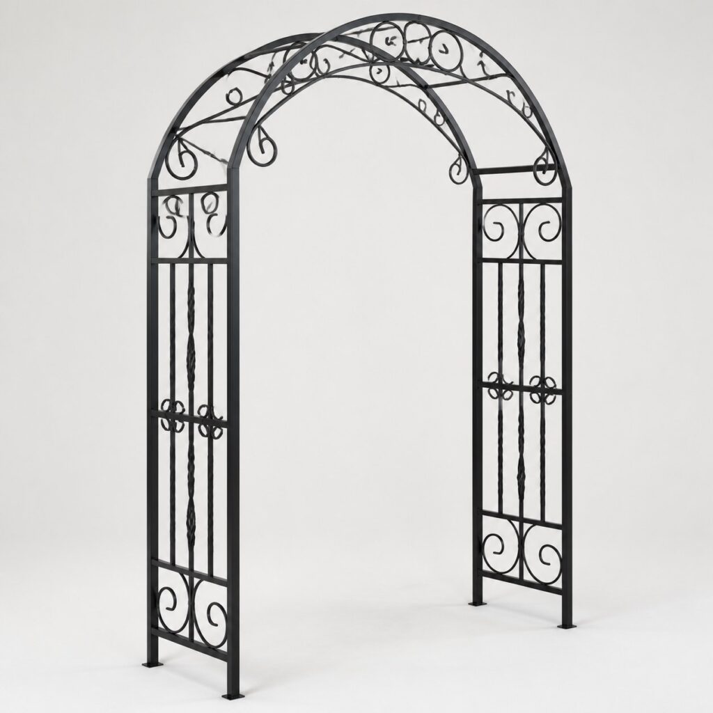 Arche de jardin en fer noir ouvragé à volutes vue de trois quarts en studio
