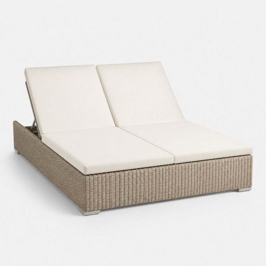 Bain de soleil double beige vu de trois quarts sur fond neutre