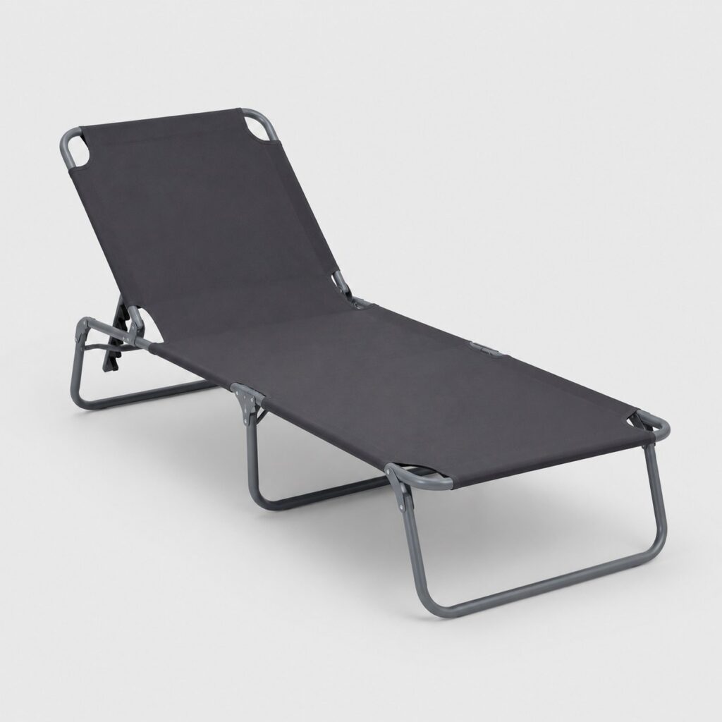 Bain de soleil pliant gris vu de trois quarts sur fond neutre