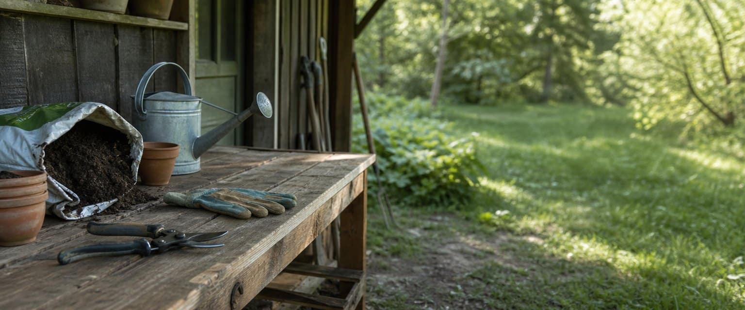 Outils d'entretien de jardin sur un etabli