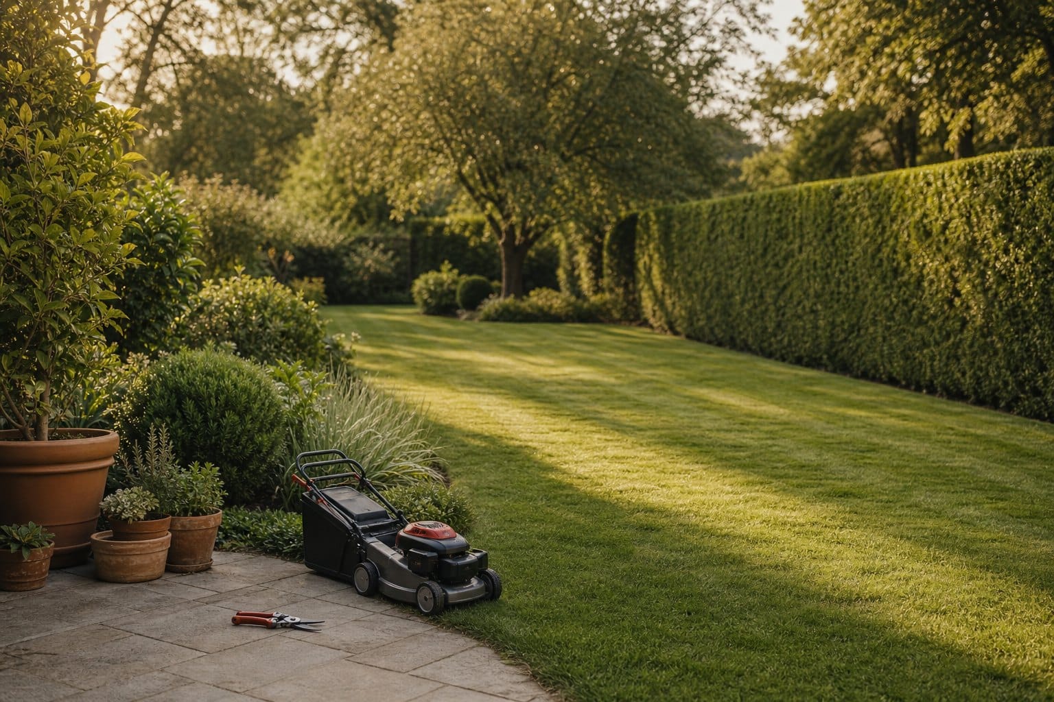 Jardin entretenu : pelouse tondue et haie taillée