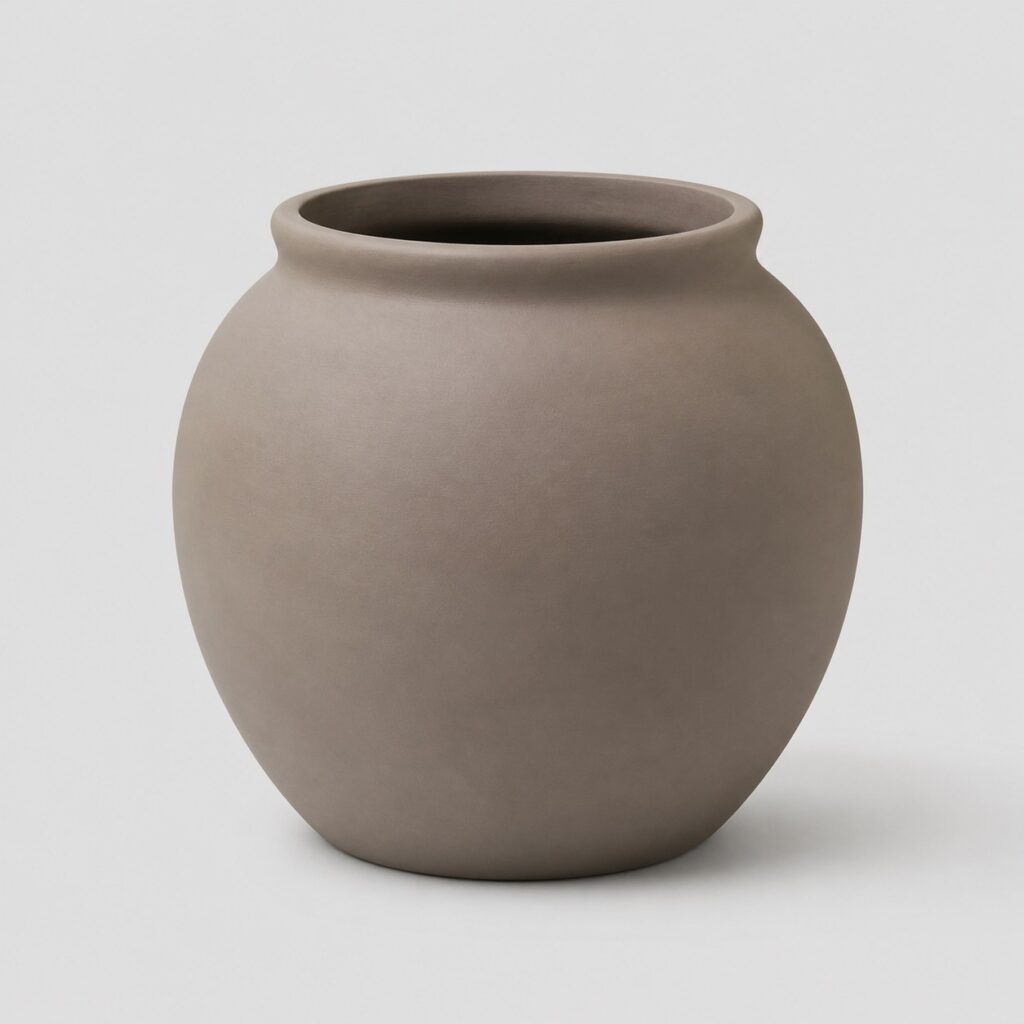 Gros pot de fleur rond en résine taupe sur fond gris clair