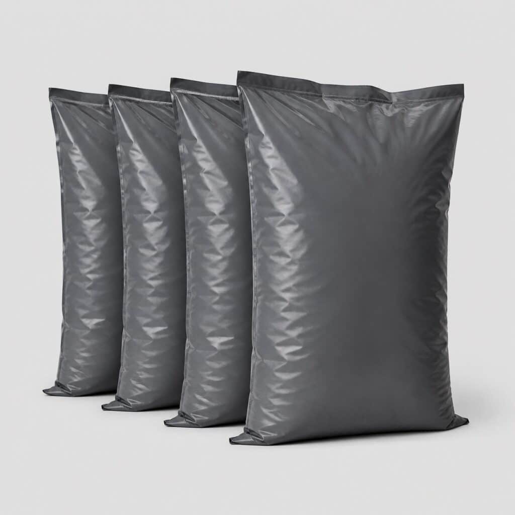 Rangée de sacs de terreau identiques gris anthracite, vue studio