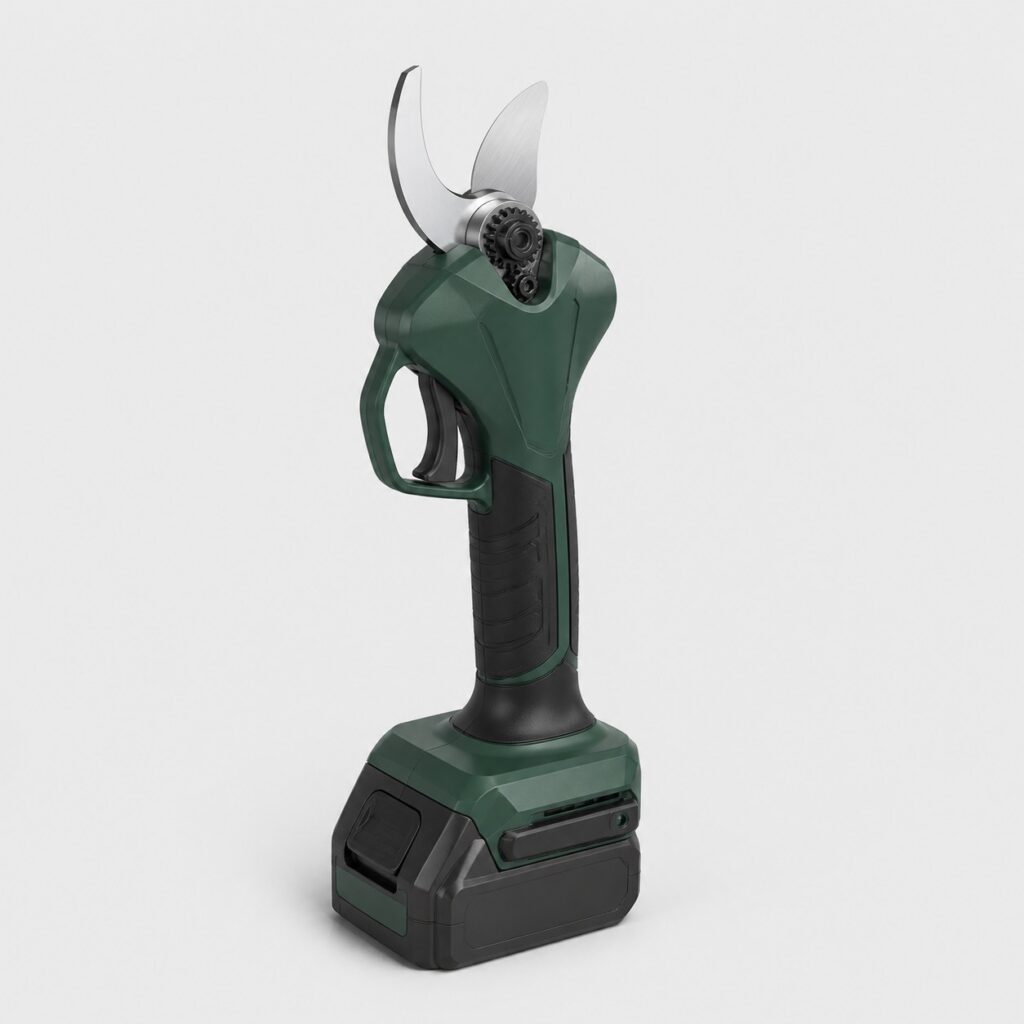 Sécateur électrique à batterie vert sapin, vu de trois quarts sur fond clair