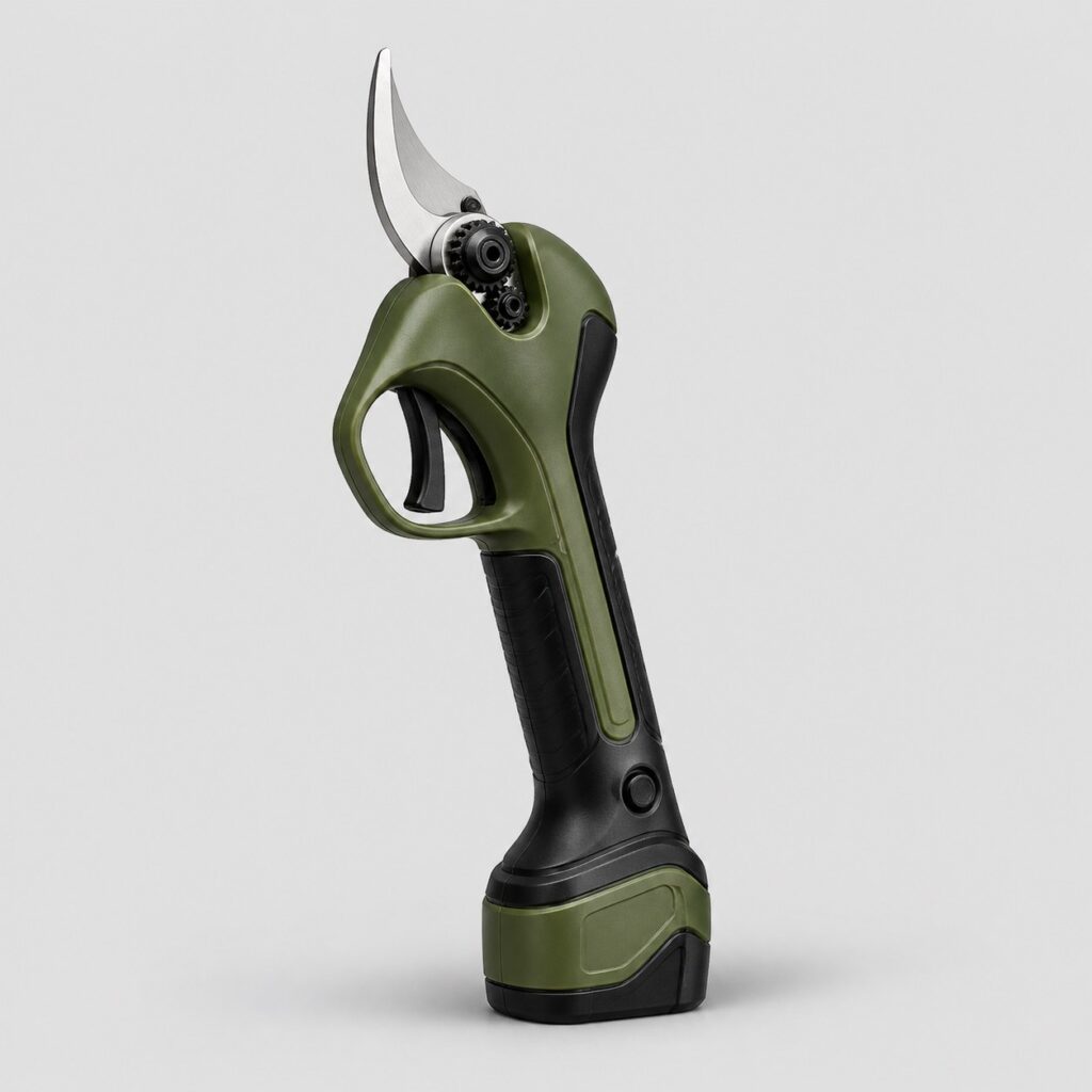 Sécateur électrique de vigne compact vert olive, vu de trois quarts