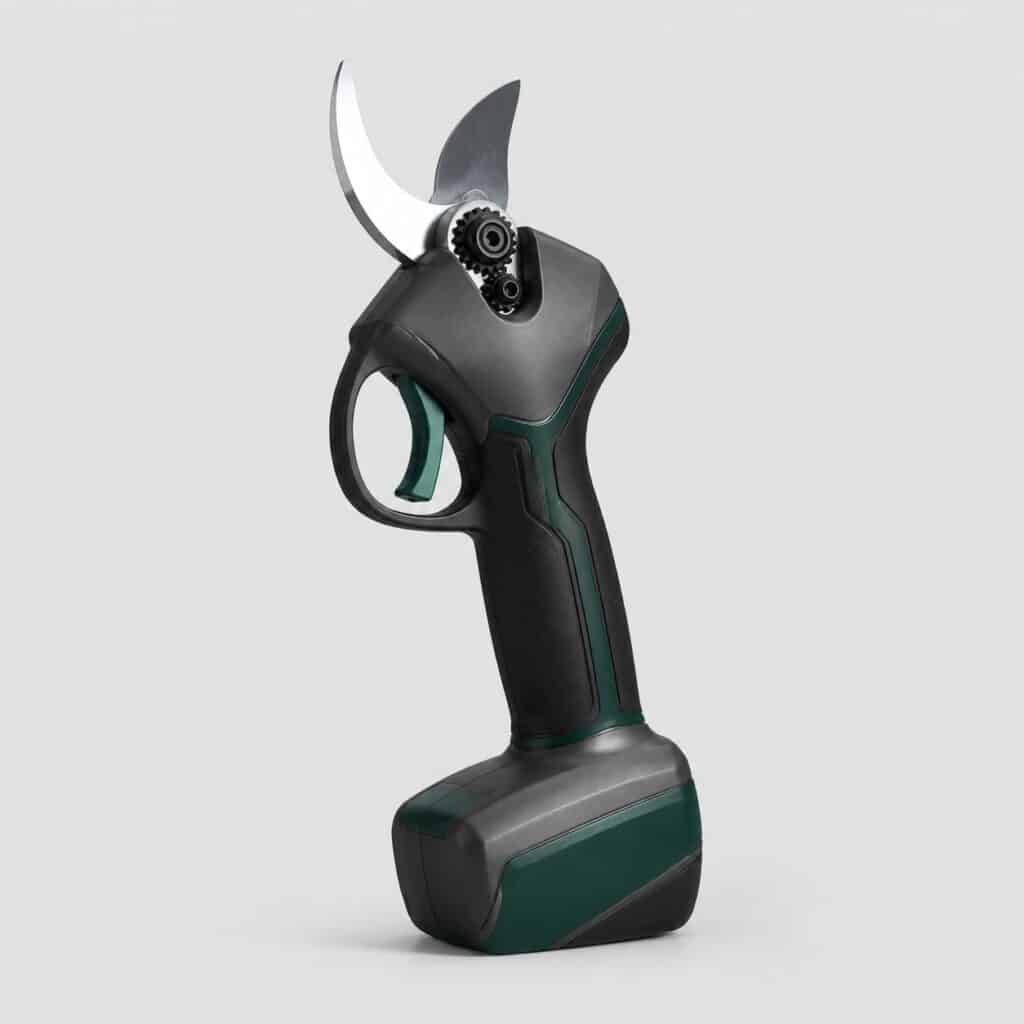 Sécateur électrique professionnel anthracite et vert, vu de trois quarts