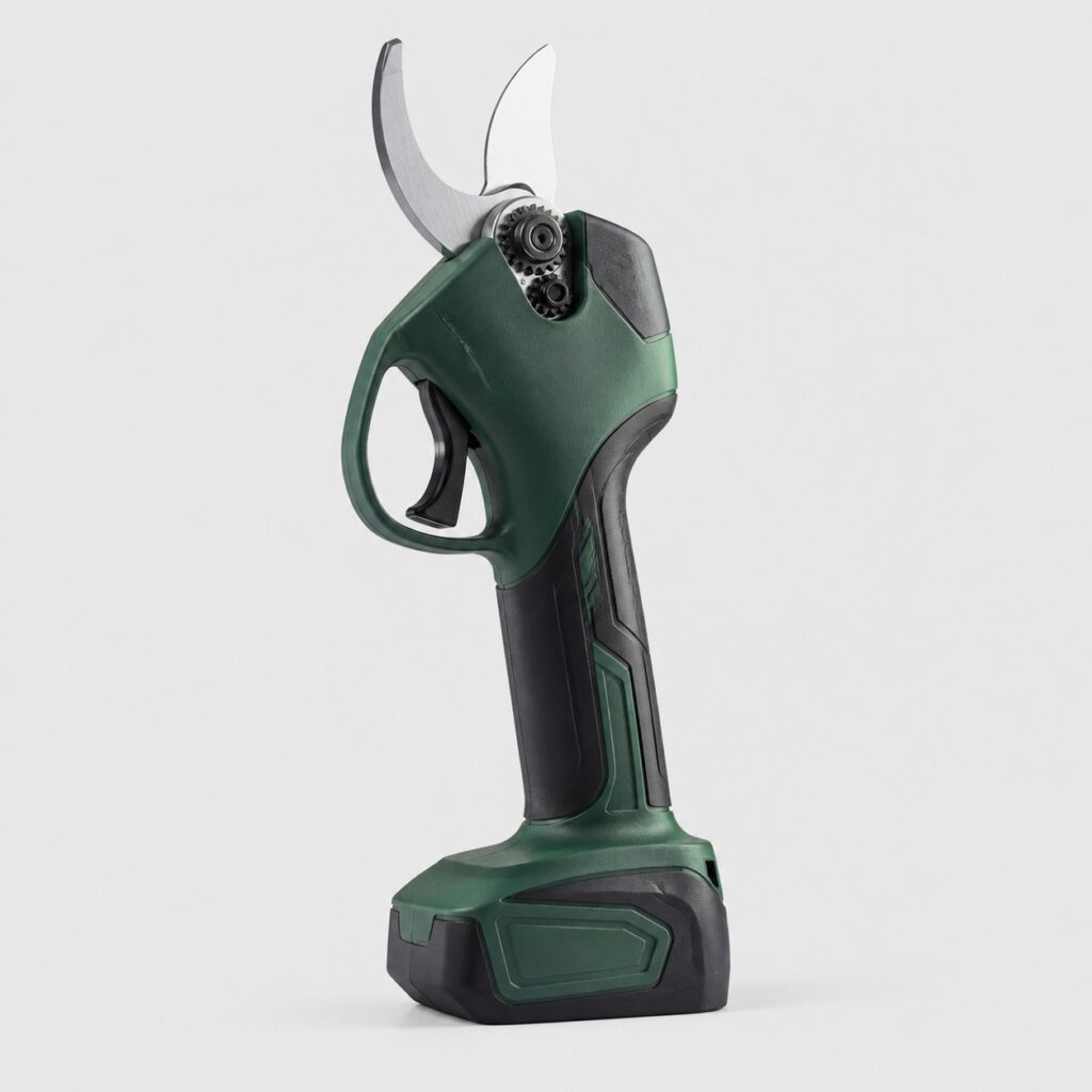 Sécateur électrique sans fil vert et anthracite vu de trois quarts sur fond clair