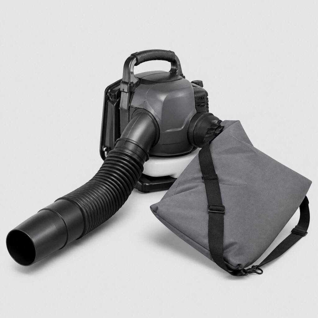 Souffleur aspirateur thermique noir et gris avec son sac de collecte
