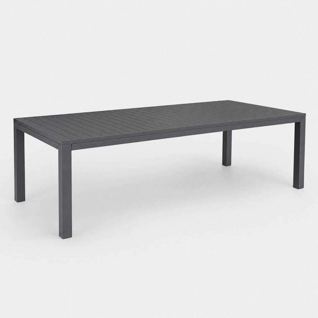 Très grande table de jardin rectangulaire en aluminium gris vue de trois quarts sur fond clair