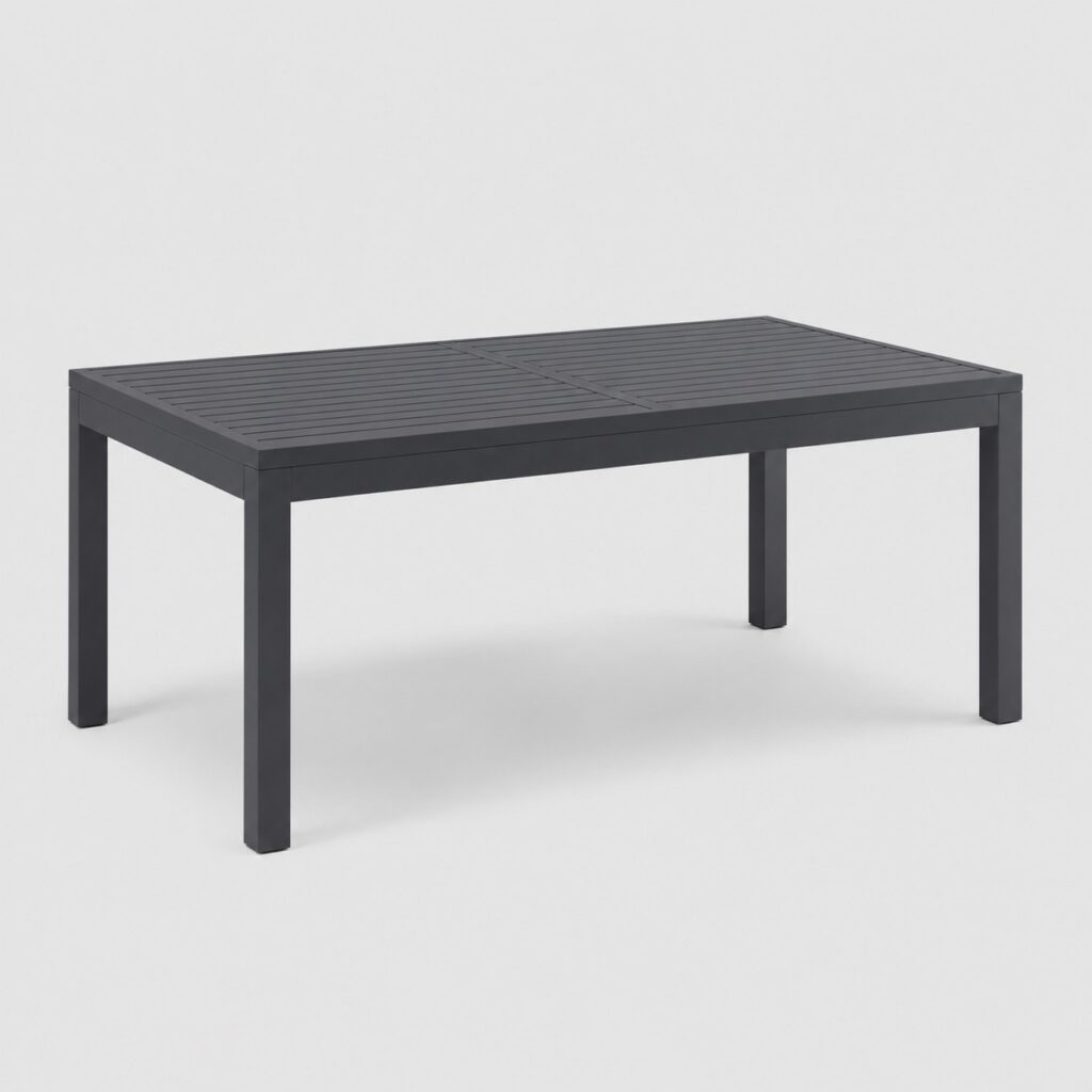 Table de jardin extensible en aluminium gris anthracite vue de trois quarts sur fond clair