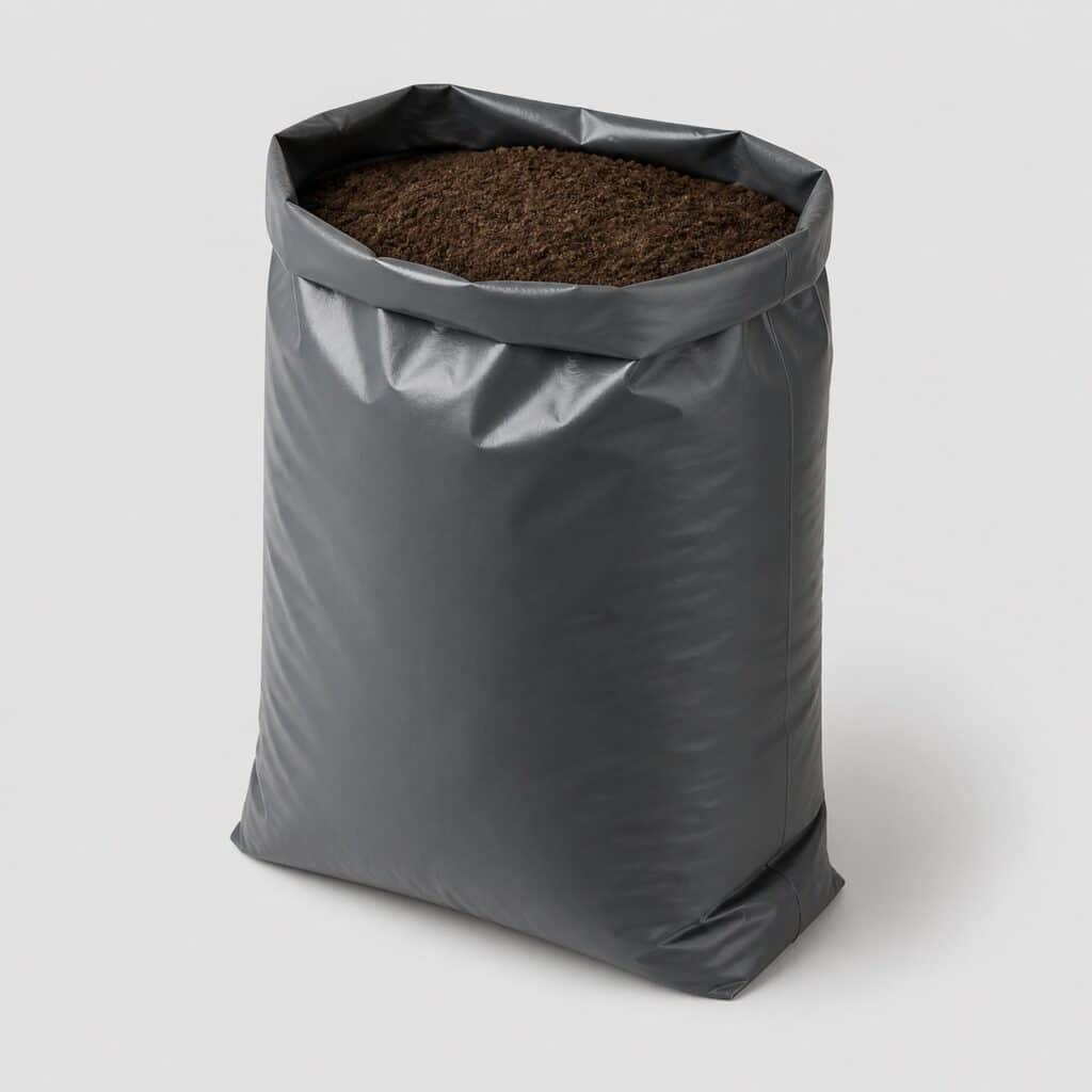 Sac de terreau ouvert laissant voir un substrat brun sombre, fond clair