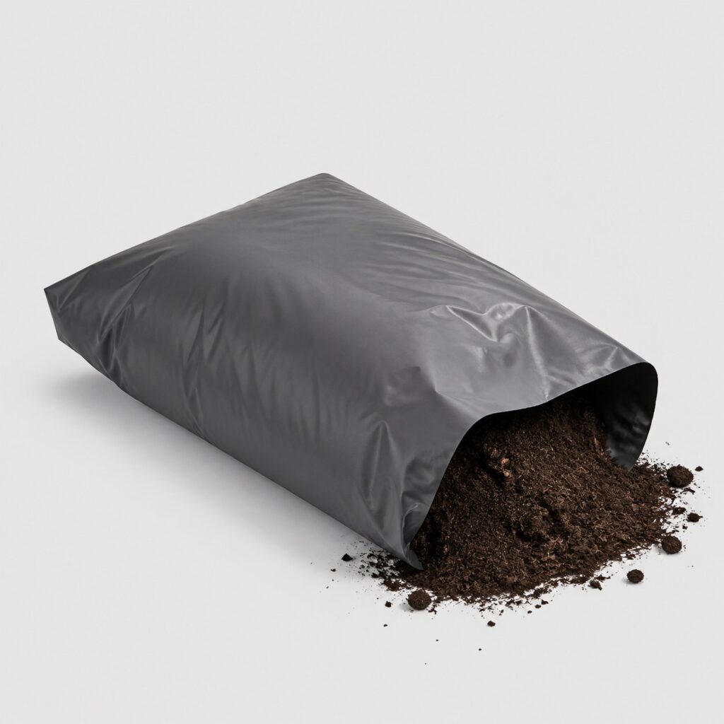 Sac de terreau couché et partiellement vidé, substrat répandu, fond clair