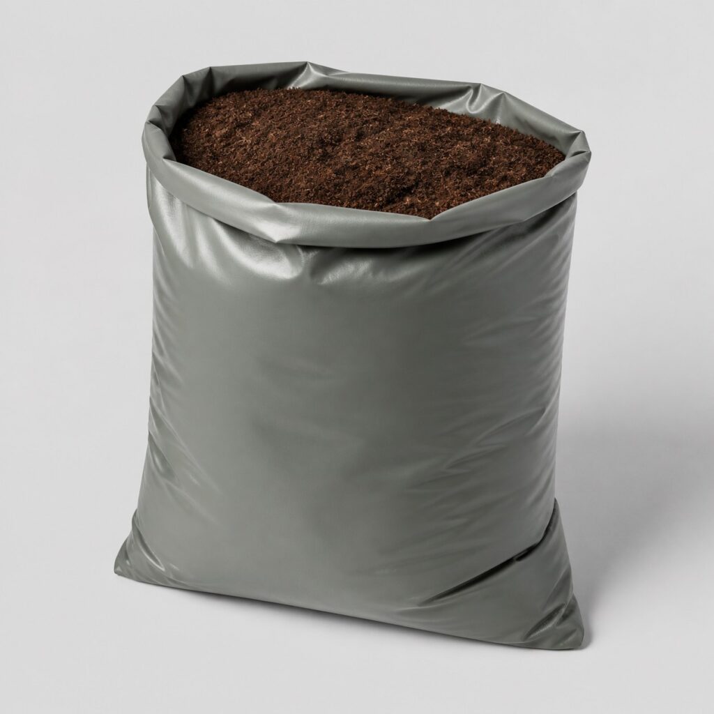 Sac de terreau gris vert ouvert sur un substrat brun fibreux, fond clair