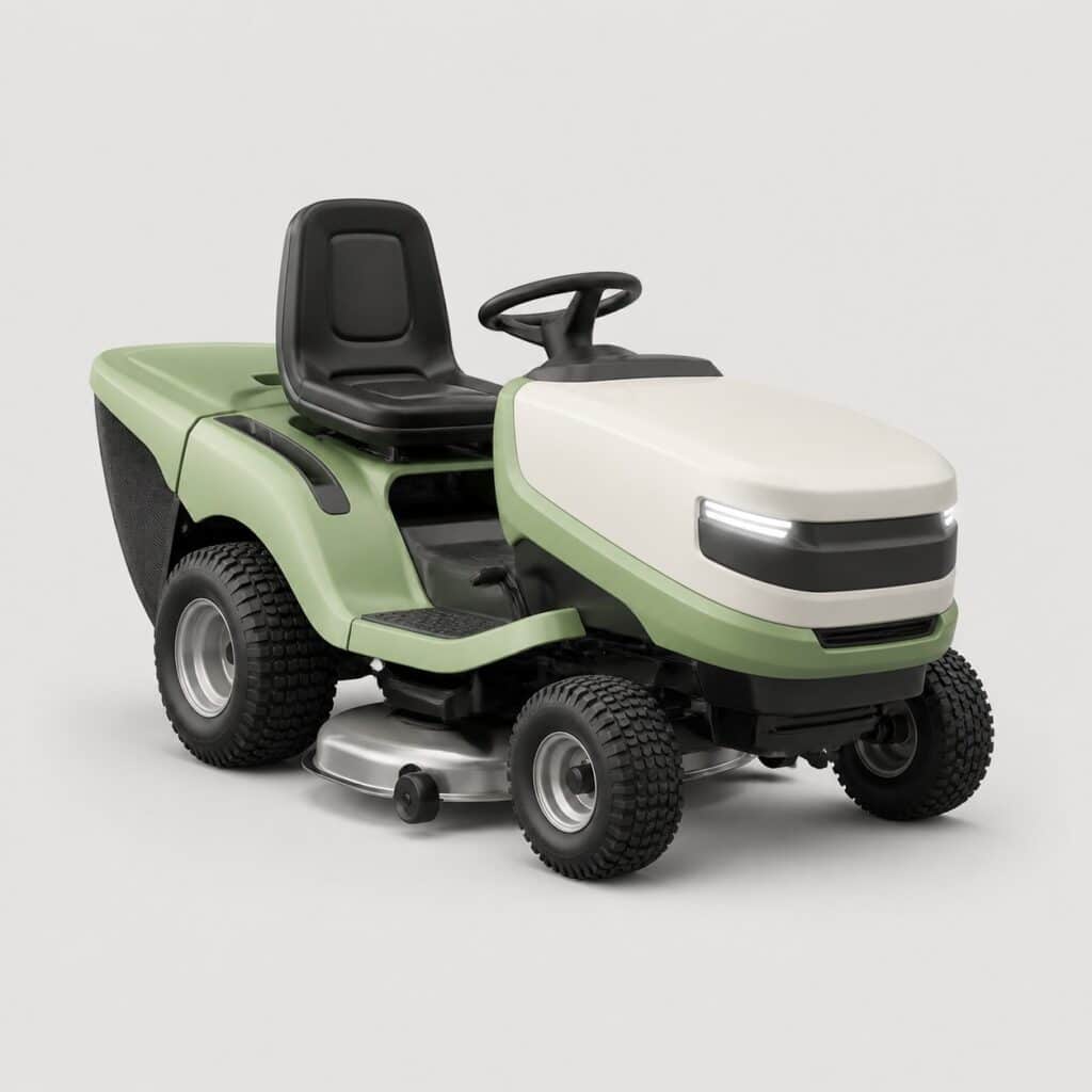 Tondeuse autoportée électrique vert clair photographiée seule sur fond gris clair