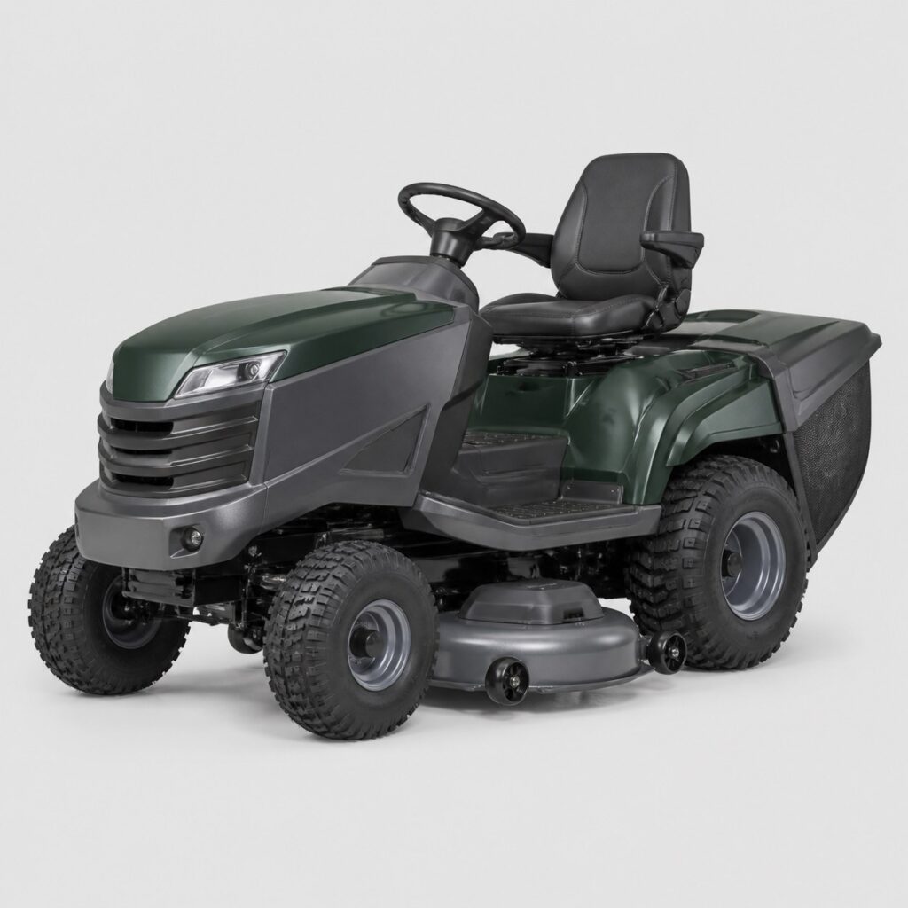 Tracteur tondeuse autoporté professionnel vert foncé photographié seul sur fond gris clair