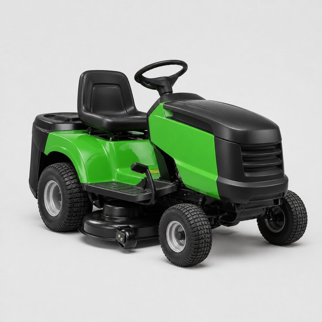 Tondeuse autoportée compacte vert vif photographiée seule sur fond gris clair